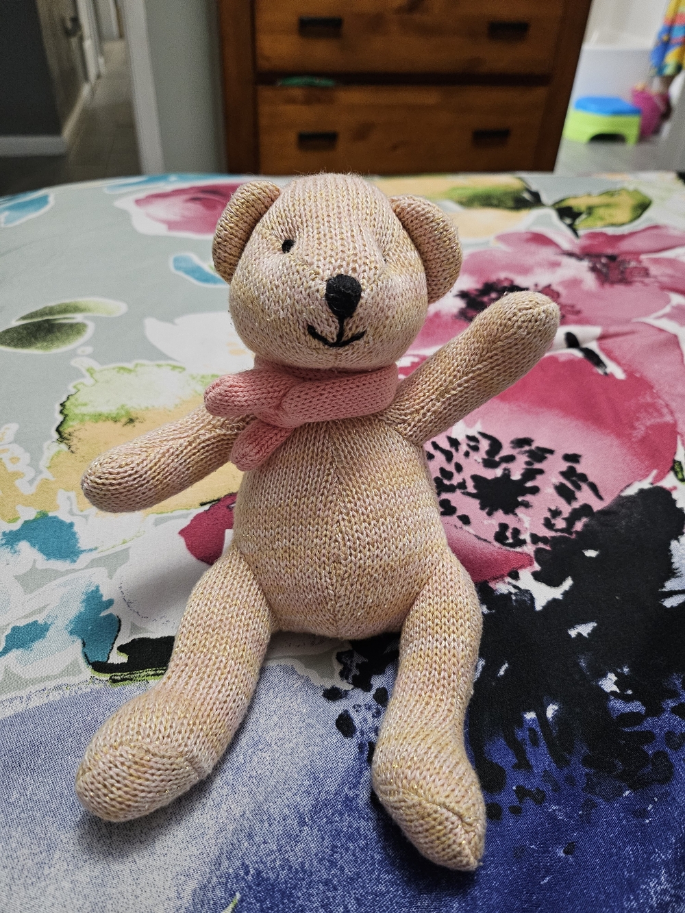 Anthropologie Plush Knit Pink Bear Toy with Scarf - Soft Cuddly Stuffed Animal